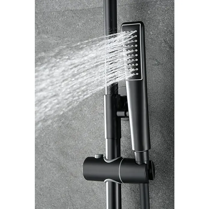 Imex Delos Sistema de ducha - Grifo monomando, Negro - Cabezal de ducha con función de chorro. El cabezal de ducha es negro y tiene forma rectangular con pequeñas boquillas para una ducha agradable.
