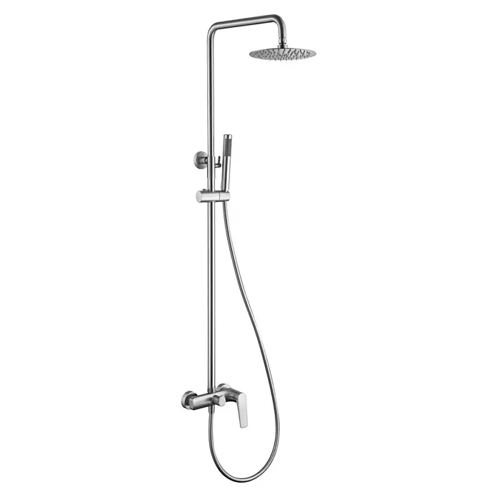 Imex Delos Sistema de ducha - Grifo monomando, Acero - Imagen de una moderna columna de ducha cromada con ducha de cabeza y de mano para el baño con accesorio para la temperatura del agua.
