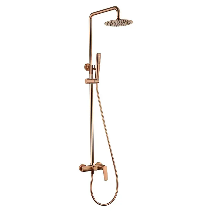 Imex Delos Sistema de ducha - Grifo monomando, Oro rosa - Columna de ducha en oro rosa con rociador superior, ducha de mano y mezclador termostático para una ducha lujosa.