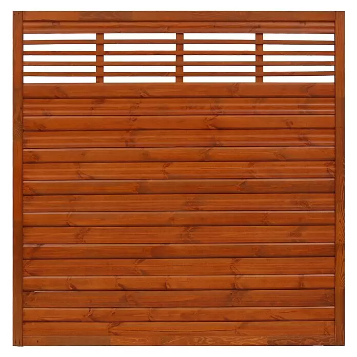 Andrewex Sichtschutzelement Lucca - 180 x 180 cm, Holz, Teak - Braunes Holzzaunpaneel mit horizontalen Lamellen und durchbrochenem Oberteil.