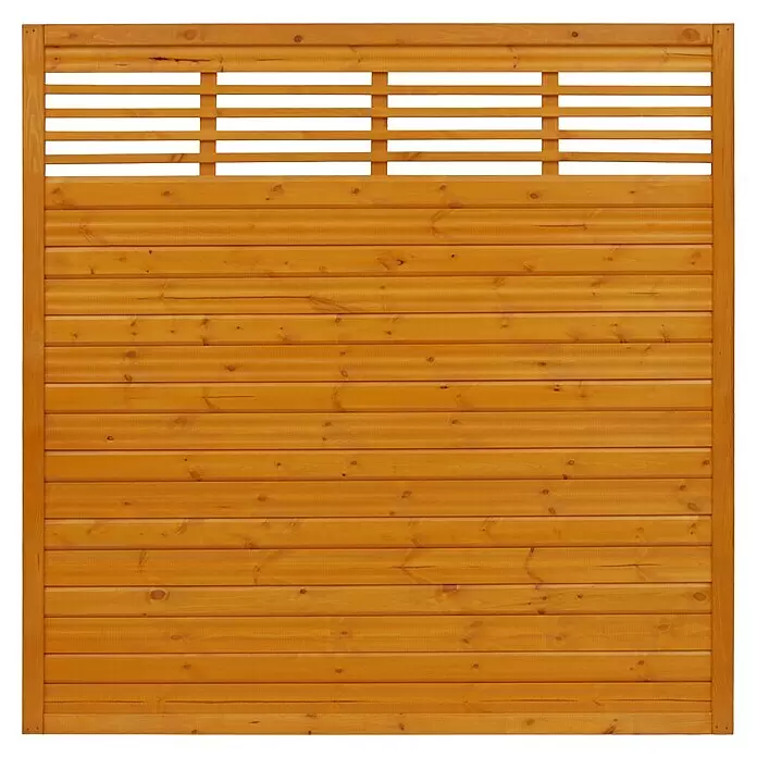 Andrewex Sichtschutzelement Lucca - 180 x 180 cm, Holz, Pinie - Hellbraunes Holzzaunpaneel mit horizontalen Brettern und offenem Lamellenaufsatz.