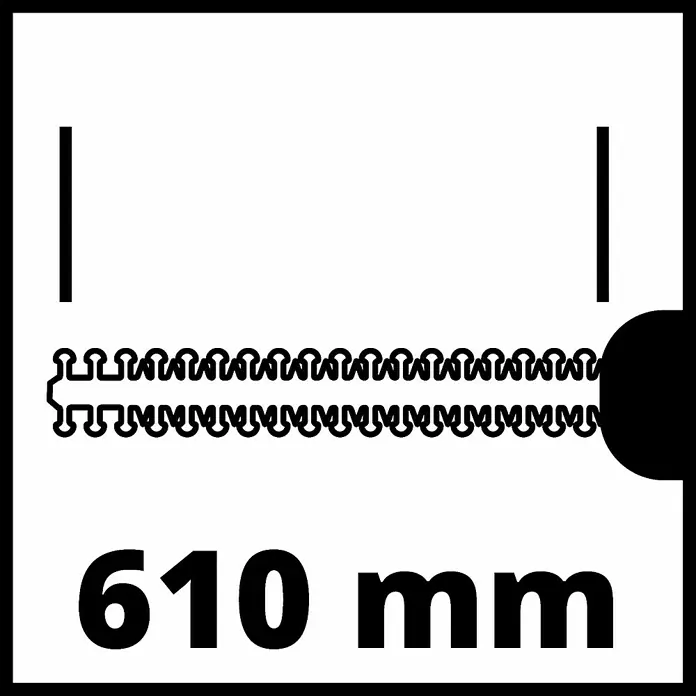 Einhell Power X-Change 18V Akku-Heckenschere GE-CH 36/61 - 18 V, Li-Ionen, Ohne Akku, Schnittlänge: 61 cm - Abbildung einer 610 mm langen Sägekette mit dazugehörigen Abmessungen, dargestellt auf einem Produktetikett.