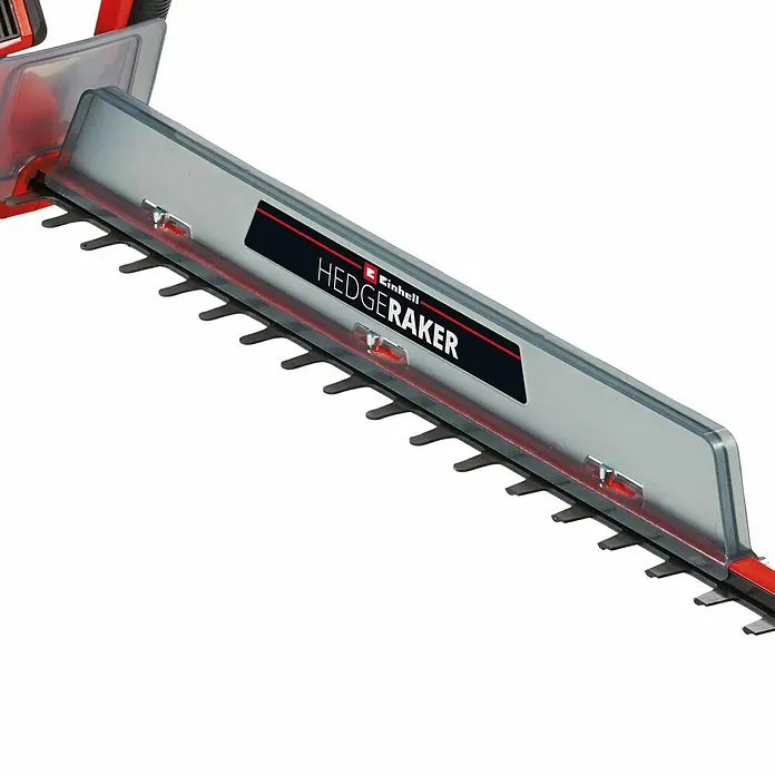 Einhell Power X-Change 18V Akku-Heckenschere GE-CH 36/61 - 18 V, Li-Ionen, Ohne Akku, Schnittlänge: 61 cm - Nahaufnahme der Einhell Heckenschere HEDGERAKER mit Schutzvorrichtung für sicheres und präzises Schneiden von Hecken und Sträuchern.