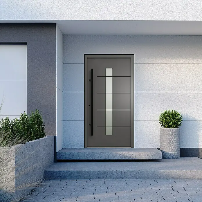 Gerda Haustür Thermo Prime 75 Ulm - 110 x 210 cm, DIN Anschlag: Links, Anthrazitgrau, Schwarze Details - Moderne Haustür mit Glasakzent und langem Griff in elegantem Design.