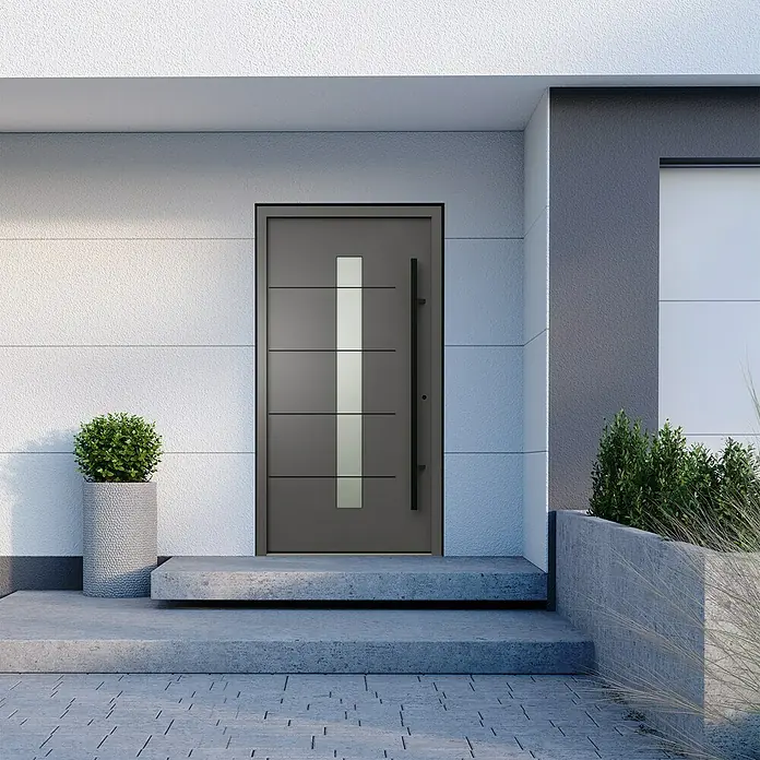 Gerda Haustür Thermo Prime 75 Ulm - 100 x 210 cm, DIN Anschlag: Rechts, Anthrazitgrau, Schwarze Details - Moderne Haustür mit vertikalem Glaselement und langem Griff in einer stilvollen Hausfassade.