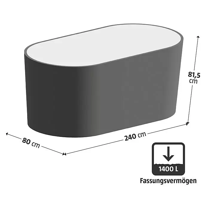Floraworld Hochbeet Welle - 240 x 80 x 81,5 cm, Stahl, Anthrazit - Dunkelgrauer ovaler Wassertank mit Maßen 240x80x81,5 cm und 1400L Fassungsvermögen.