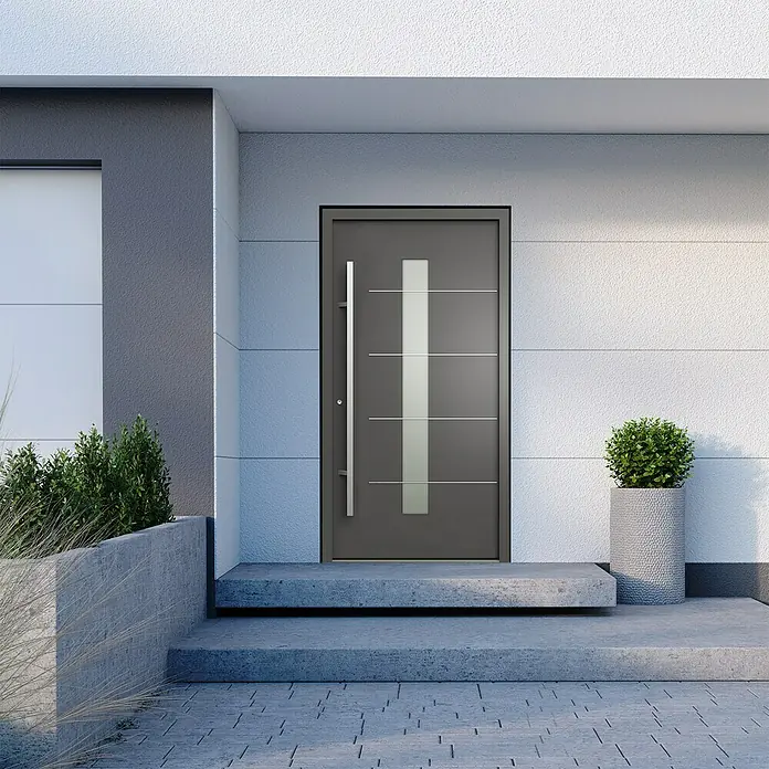 Gerda Haustür Thermo Prime 75 Ulm - 100 x 210 cm, DIN Anschlag: Links, Anthrazitgrau, Details in Edelstahl - Moderne Haustür in Anthrazit mit senkrechtem Glaselement und Edelstahlgriff, stilvolles Design für zeitgemäße Architektur.