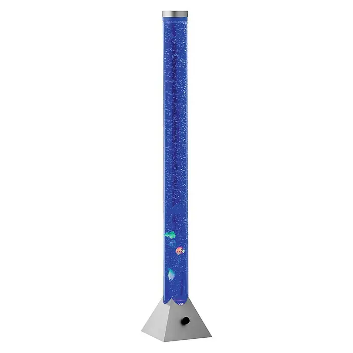 Reality LED-Stehleuchte Motion - 3,5 W, Höhe: 130 cm, Bunt, RGB - Dekorative blaue Sprudelsäule mit LED-Beleuchtung und bunten Fischfiguren auf einem dreieckigen Sockel.