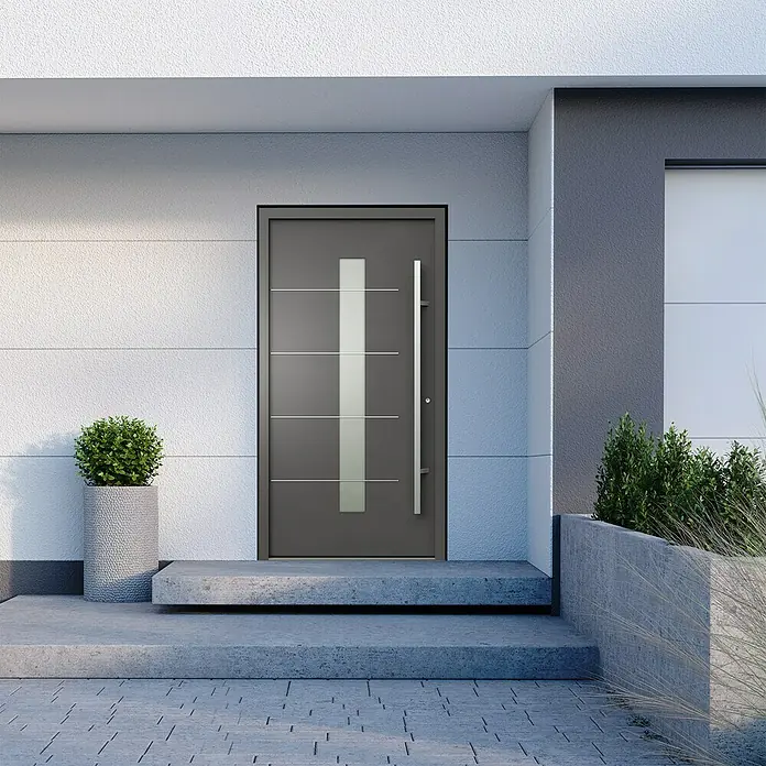 Gerda Haustür Thermo Prime 75 Ulm - 110 x 210 cm, DIN Anschlag: Rechts, Anthrazitgrau, Details in Edelstahl - Moderne Haustür in Grau mit senkrechtem Glaseinsatz und langem, schlanken Griff. Sie bietet einen stilvollen Eingangsbereich für jedes Zuhause.