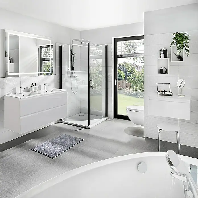 Camargue Espacio Waschtischunterschrank - 120 x 46 x 60 cm, 2 Schubkästen, Gama weiß glänzend - Badezimmer mit weißer Badewanne, Dusche und Waschtisch mit Spiegel. Das moderne Design sorgt für eine helle und einladende Atmosphäre.