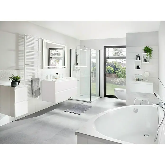 Camargue Espacio Waschtischunterschrank - 120 x 46 x 60 cm, 2 Schubkästen, Gama weiß matt - Modernes Badezimmer mit weißem Badewanne, Waschtisch und Spiegelschrank. Handtuchwärmer und Dusche vervollständigen das Bild.