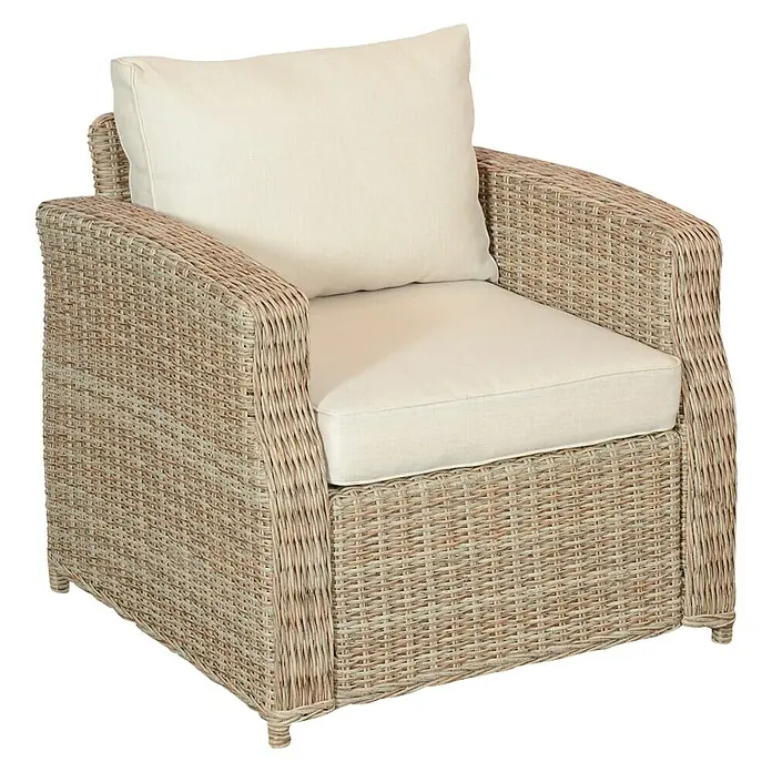 Sillón de exterior Gotland - An x Pr x Al: 80 x 81 x 77 cm, Aluminio/Ratán sintético, Beige - Sillón de mimbre con cojines crema para interior/exterior. Comodidad y estilo se unen en este mueble.