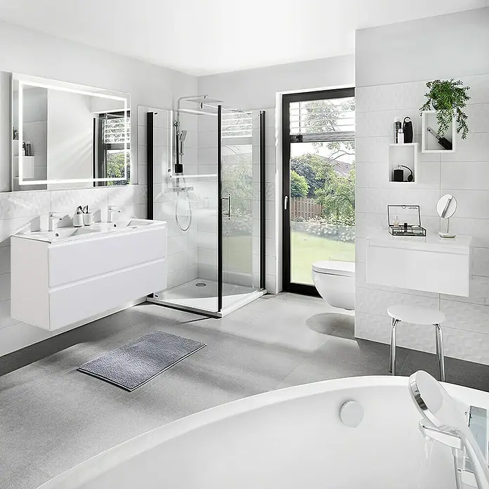 Camargue Espacio Waschtischunterschrank - 120 x 46 x 60 cm, 2 Schubkästen, Gama weiß matt - Helles Badezimmerdesign mit Badewanne, Dusche und Waschtisch. Moderne Einrichtung in Weiß und Grau für ein stilvolles Ambiente.