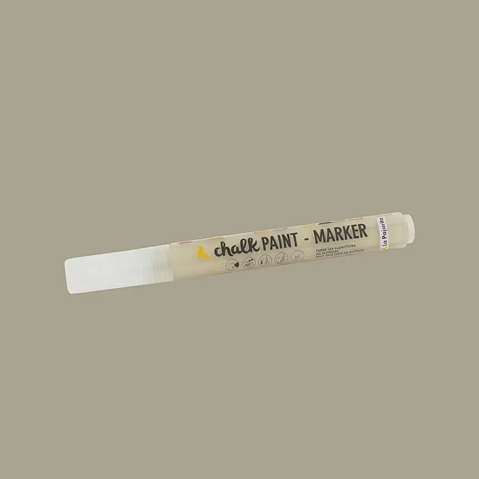 La Pajarita Marcador para ropa Chalk Paint Marker - Lino, 6 ml, Mate - Primer plano de un rotulador de pintura de tiza de La Pajarita, ideal para diversas superficies y proyectos artesanales, con etiquetado claro del producto.