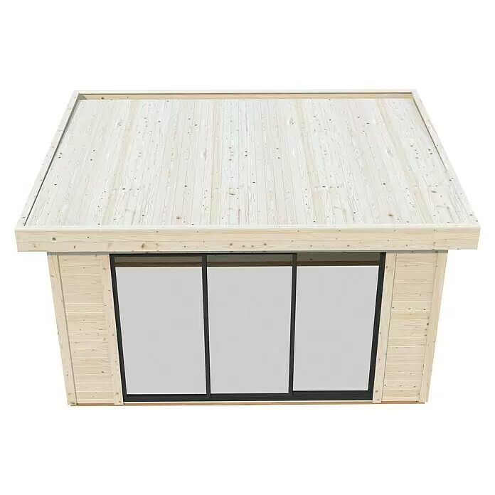 Palmako Gartenhaus Lydia - Außenmaß inkl. Dachüberstand (B x T): 429 x 351 cm, Holz, Natur - Helles Holz-Gartenzimmer mit Flachdach und drei großen Glasschiebetüren.