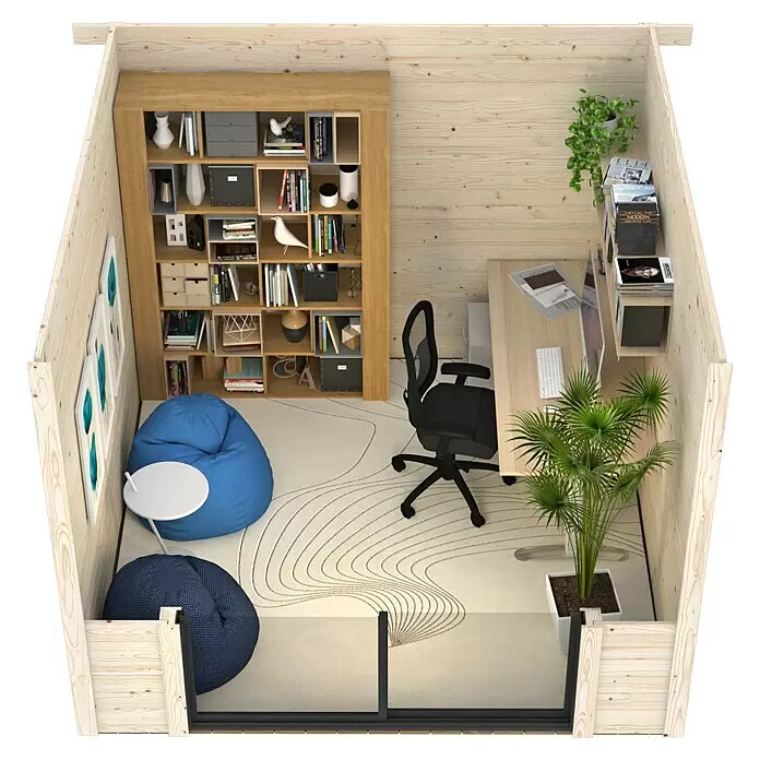 Palmako Gartenhaus Lydia - Außenmaß inkl. Dachüberstand (B x T): 329 x 351 cm, Holz, Natur - Holz-Gartenbüro-Interieur mit Schreibtisch, Stuhl, Bücherregal und Sitzsäcken, als Homeoffice eingerichtet.
