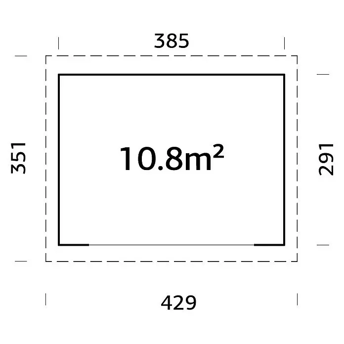 Palmako Gartenhaus Lydia - Außenmaß inkl. Dachüberstand (B x T): 429 x 351 cm, Holz, Natur - Grundrissdiagramm mit Maßen und einer Innenfläche von 10,8 m².