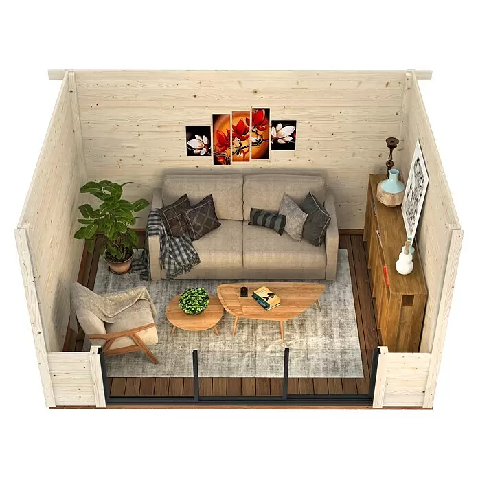 Palmako Gartenhaus Lydia - Außenmaß inkl. Dachüberstand (B x T): 429 x 351 cm, Holz, Natur - Gemütlicher, möblierter Holzraum mit hellen Holzvertäfelungen, Sofa, Sessel, Couchtischen und Dekoration.