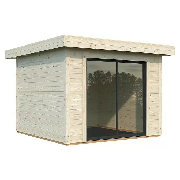 Palmako Gartenhaus Lydia - Außenmaß inkl. Dachüberstand (B x T): 329 x 351 cm, Holz, Natur - Helles Holzgartenhaus mit großer dunkelgerahmter Glasschiebetür.