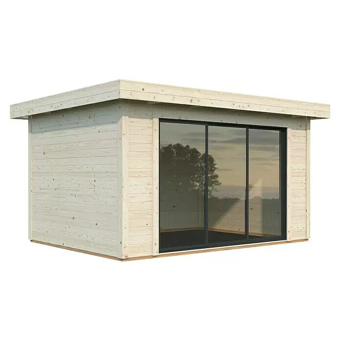Palmako Gartenhaus Lydia - Außenmaß inkl. Dachüberstand (B x T): 429 x 351 cm, Holz, Natur - Modernes Gartenhaus aus hellem Holz mit großer Glasschiebetür und Flachdach.