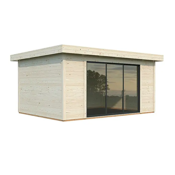 Palmako Gartenhaus Lydia - Außenmaß inkl. Dachüberstand (B x T): 494 x 390 cm, Holz, Natur - Holzgartenhaus mit Flachdach und großer Schiebefensterfront. Das moderne Design fügt sich nahtlos in jeden Garten ein und bietet viel Tageslicht.