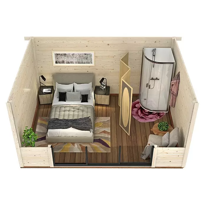 Palmako Gartenhaus Lydia - Außenmaß inkl. Dachüberstand (B x T): 494 x 390 cm, Holz, Natur - Kompaktes Holzhütten-Interieur mit Bett, Dusche und Loungebereich. Helle Holzwände, dunkler Holzboden.