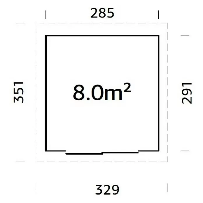 Palmako Gartenhaus Lydia - Außenmaß inkl. Dachüberstand (B x T): 329 x 351 cm, Holz, Natur - Grundriss: 8,0 m² Raum, Außenmaße oben 285, links 351, rechts 291, unten 329 (cm).