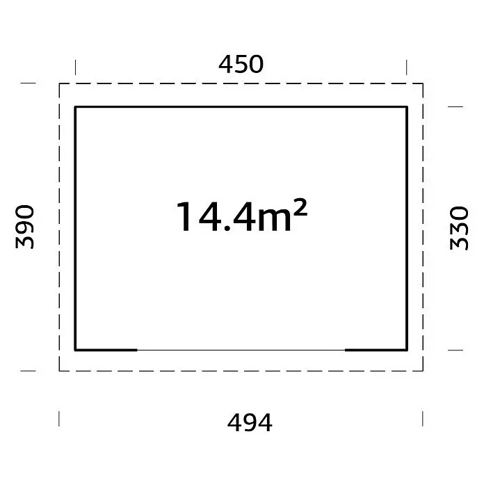 Palmako Gartenhaus Lydia - Außenmaß inkl. Dachüberstand (B x T): 494 x 390 cm, Holz, Natur - Rechteckiger Grundriss mit Außenmaßen (450x494, 390x330) und einer Innenfläche von 14,4m².