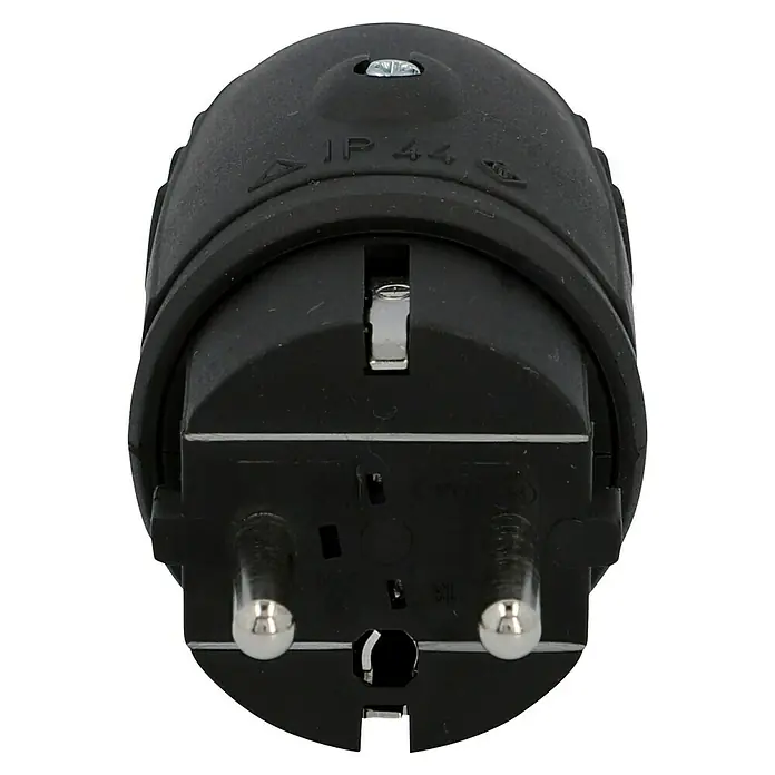 UniTEC Gummi-Schutzkontakt-Stecker - Leicht, 250 V, IP44, Schwarz - Nahaufnahme eines schwarzen Schutzkontaktsteckers mit zwei runden Stiften und einer Erdungsklammer für den europäischen Markt.