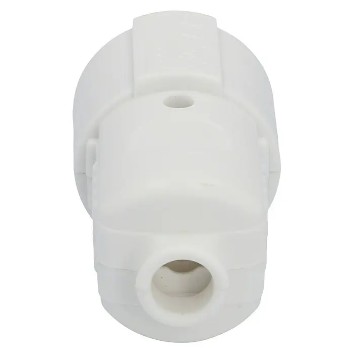 UniTEC Schutzkontakt-Kupplung - Weiß, Kunststoff, IP20, 250 V - Nahaufnahme eines weißen Wasseranschlusses. Konzipiert für eine sichere und dichte Verbindung in Sanitärsystemen.