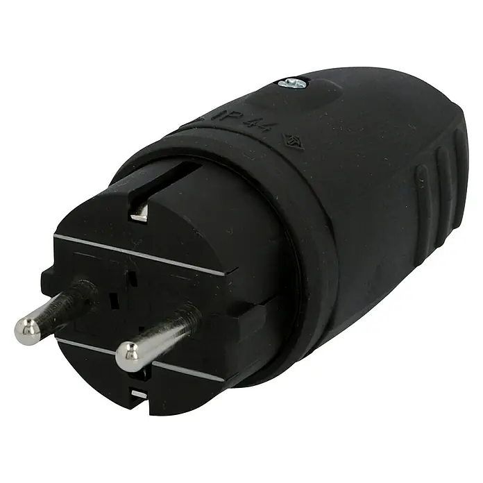 UniTEC Gummi-Schutzkontakt-Stecker - Leicht, 250 V, IP44, Schwarz - Nahaufnahme eines schwarzen Schuko-Steckers mit runden Stiften und seitlichen Erdungskontakten für den europäischen Markt.