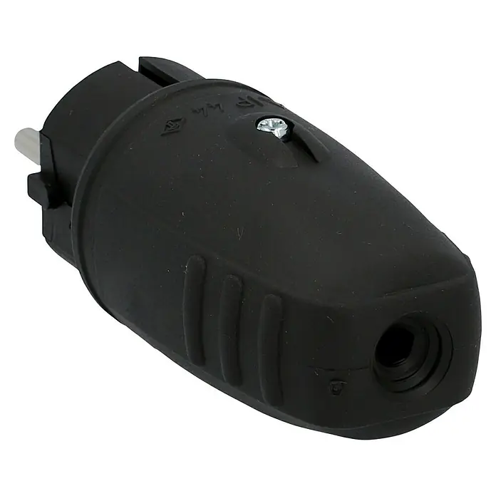 UniTEC Gummi-Schutzkontakt-Stecker - Leicht, 250 V, IP44, Schwarz - Ein schwarzer, wasserdichter Stecker mit Schraube, ideal für den Außenbereich und feuchte Umgebungen.