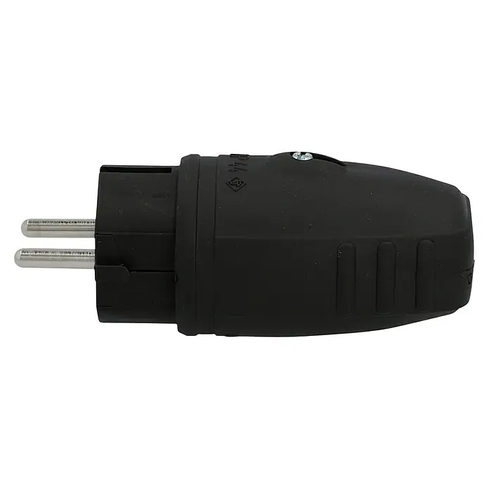 UniTEC Gummi-Schutzkontakt-Stecker - Leicht, 250 V, IP44, Schwarz - Nahaufnahme eines Schuko-Steckers mit geerdeten Kontakten und schwarzem Gehäuse für sichere Stromverbindungen.