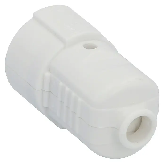 UniTEC Schutzkontakt-Kupplung - Weiß, Kunststoff, IP20, 250 V - Nahaufnahme eines weißen Kupplungsstücks für eine sichere und wasserdichte Verbindung von Rohren.