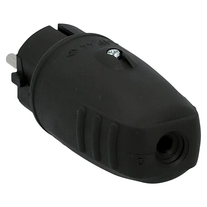 UniTEC Gummi-Schutzkontakt-Stecker - Leicht, 250 V, IP44, Schwarz - Nahaufnahme eines schwarzen Schuko-Steckers, robust und wasserdicht, ideal für den Außenbereich.