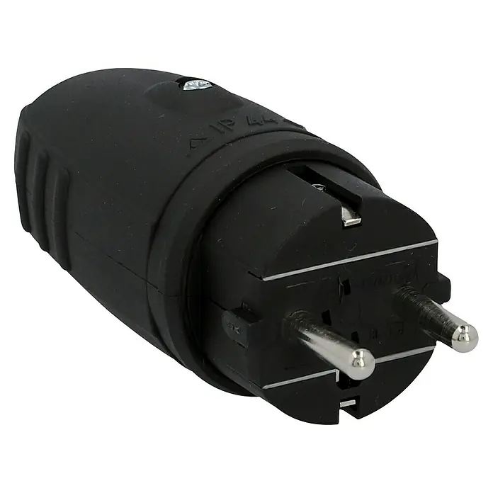 UniTEC Gummi-Schutzkontakt-Stecker - Leicht, 250 V, IP44, Schwarz - Ein detailliertes Bild eines schwarzen Schuko-Steckers, der für europäische Steckdosen geeignet ist, mit runden Stiften und Schutzkontakten.