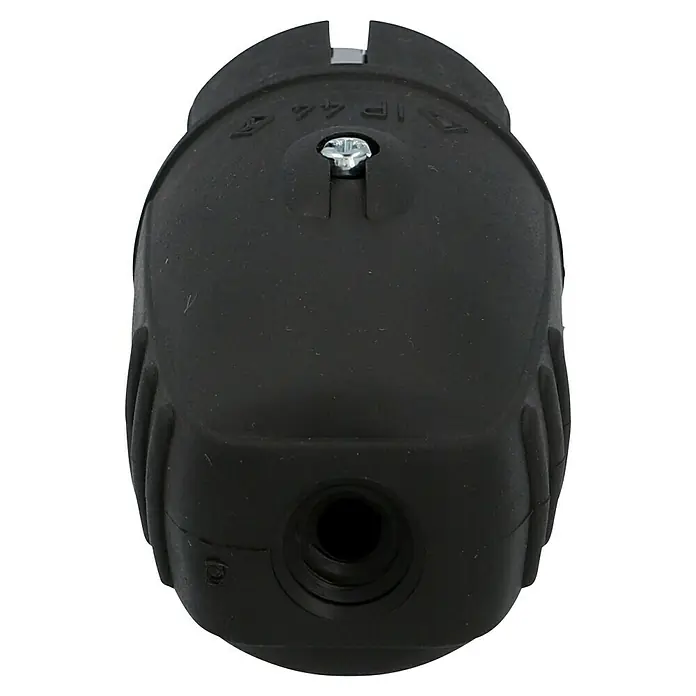 UniTEC Gummi-Schutzkontakt-Stecker - Leicht, 250 V, IP44, Schwarz - Nahaufnahme eines schwarzen Schuko-Steckers mit Schraube und Öffnung für ein Kabel. Das Produkt ist IP44 zertifiziert.