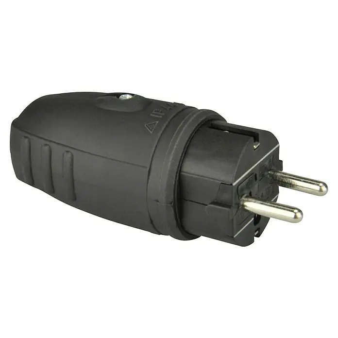 UniTEC Gummi-Schutzkontakt-Stecker - Leicht, 250 V, IP44, Schwarz - Schwarzer Schutzkontakt-Stecker mit runden Stiften für europäische Steckdosen. Ideal für den sicheren Anschluss von Geräten im Innenbereich.