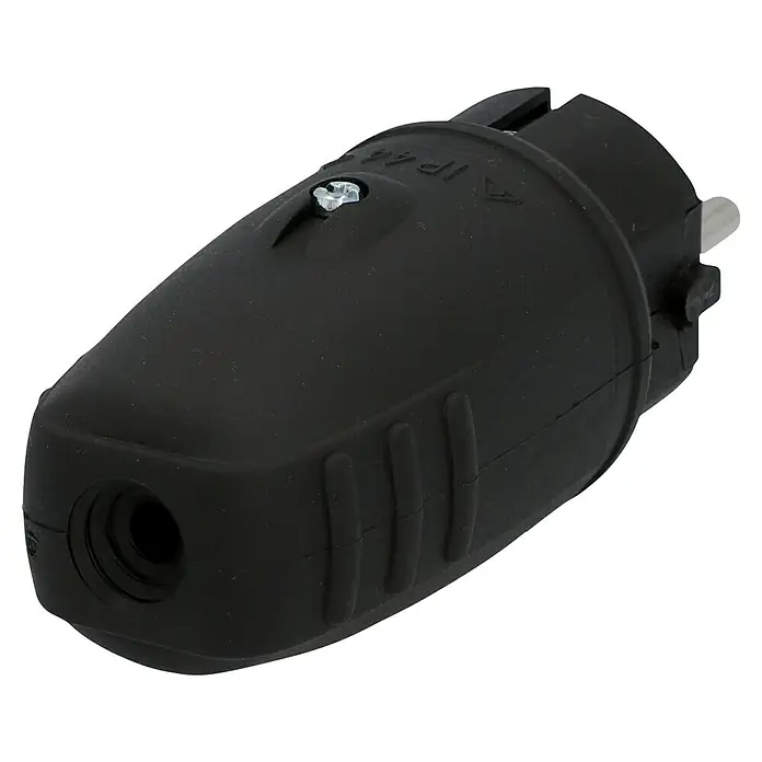 UniTEC Gummi-Schutzkontakt-Stecker - Leicht, 250 V, IP44, Schwarz - Nahaufnahme eines schwarzen, spritzwassergeschützten Schuko-Steckers mit Schraube und Öffnung für Kabel für den Außenbereich.