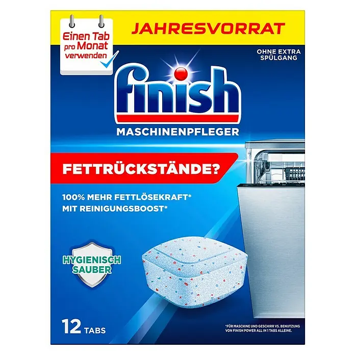 Finish Maschinenpfleger Jahresvorrat - 12 Stk. - Finish Maschinenpfleger Tabs Jahresvorrat. Für eine hygienisch saubere Spülmaschine mit extra Fettlösekraft und Reinigungsboost.