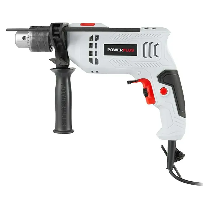 PowerPlus Taladro percutor POWC10110 - 550 W, 3.000 r.p.m., Número máx. de impactos: 4.800 /min - Imagen de un taladro de impacto Powerplus en blanco y negro. El dispositivo cuenta con un mango auxiliar y un gatillo rojo.