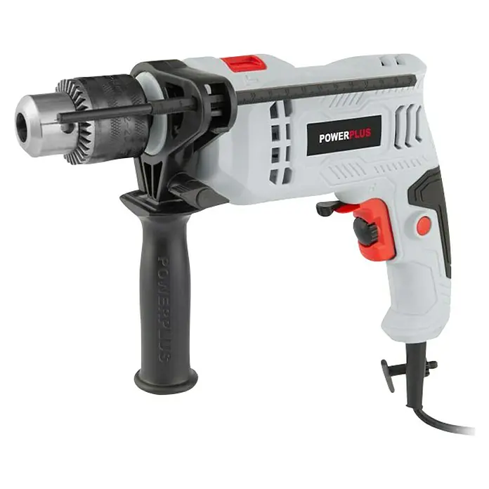PowerPlus Taladro percutor POWC10110 - 550 W, 3.000 r.p.m., Número máx. de impactos: 4.800 /min - Imagen de un taladro de impacto Powerplus en gris y negro con detalles rojos, perfecto para tareas de perforación y atornillado.
