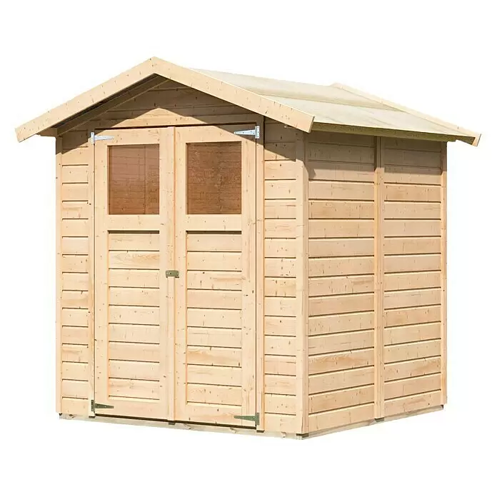 Karibu Gartenhaus Dahme - Außenmaß inkl. Dachüberstand (B x T): 207 x 207 cm, Holz, Natur - Heller Holzgartenhaus mit Doppeltüren und zwei Fenstern, für die Gartenlagerung.