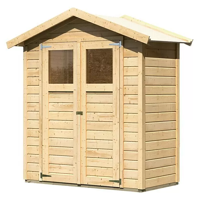 Karibu Gartenhaus Dahme - Außenmaß inkl. Dachüberstand (B x T): 207 x 120 cm, Holz, Natur - Gartenhaus aus Naturholz mit Doppeltür, zwei Fenstern und Satteldach.