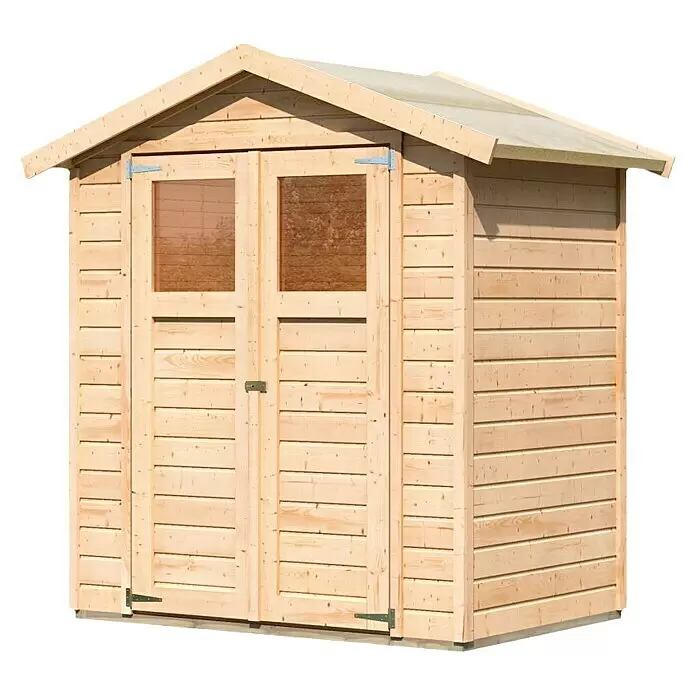 Karibu Gartenhaus Dahme - Außenmaß inkl. Dachüberstand (B x T): 207 x 140 cm, Holz, Natur - Helle Holzgartenlaube mit Doppeltüren und zwei Fenstern, mit Spitzdach.
