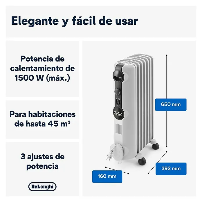 De'Longhi Radiador de aceite Radia S - 1.500 W, Blanco, L x An x Al: 16 x 36 x 65 cm - Imagen de un radiador de aceite De'Longhi blanco con 3 ajustes de calor y dimensiones de 650 x 392 x 160 mm.