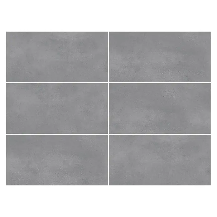 Feinsteinzeugfliese My Style - 30 x 60 cm, Grau, Matt - Sechs graue Fliesen mit Betonoptik, durch weiße Fugen getrennt, ideal für ein modernes, minimalistisches Design.