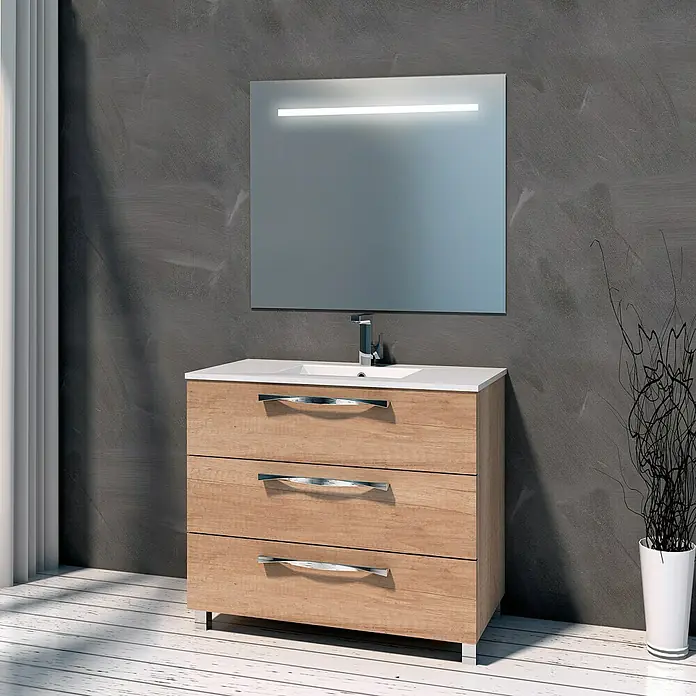 Artysan Mueble bajo de lavabo Tree - 46 x 70 x 85 cm, Nature - Mueble de baño moderno con cajones de madera y espejo iluminado, perfecto para añadir estilo y funcionalidad.