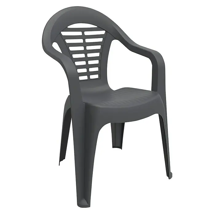 Silla de jardín Menorca - 58,5 x 54 x 79 cm, Antracita, Polipropileno, Apilable - Silla de plástico gris para exteriores con reposabrazos y ranuras horizontales en el respaldo, ideal para jardín o terraza.