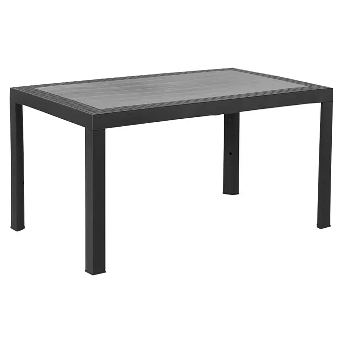 Mesa de jardín Dream - L x An x Al: 140 x 85 x 73 cm, Polipropileno, Antracita - Elegante mesa de jardín rectangular con una tapa con motivos de ratán y una estructura metálica oscura resistente para uso exterior.